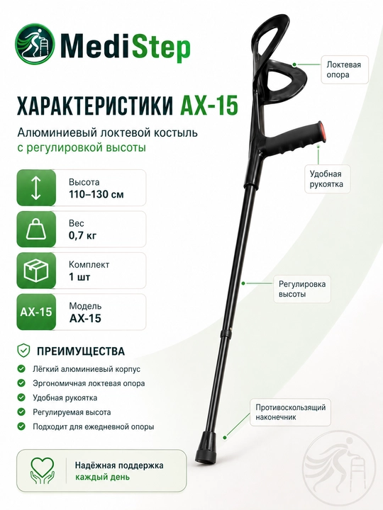 Balandligi sozlanadigan AX-15 alyuminiy tirsakli qo‘ltiqtayoq