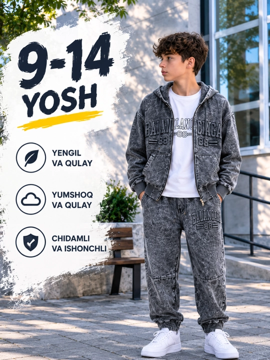O‘g‘il bolalar uchun 3 qismli jinsi komplekt, kofta, futbolka va shim, 9–14 yosh - 