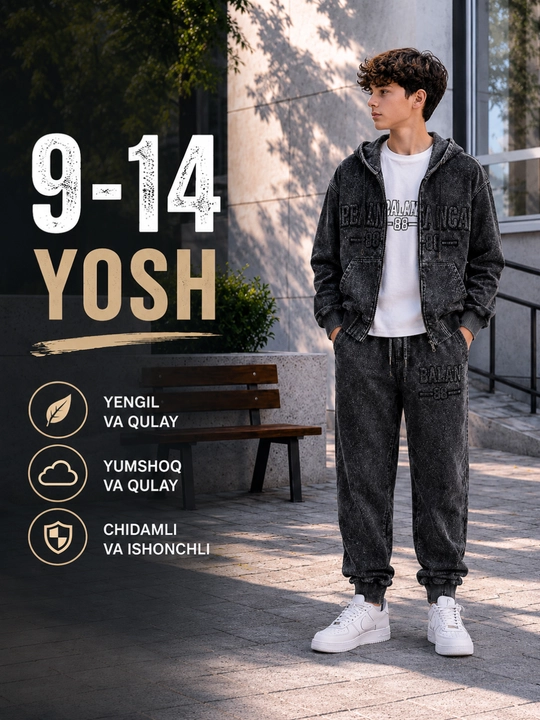 O‘g‘il bolalar uchun 3 qismli jinsi komplekt, kofta, futbolka va shim, 9–14 yosh - 