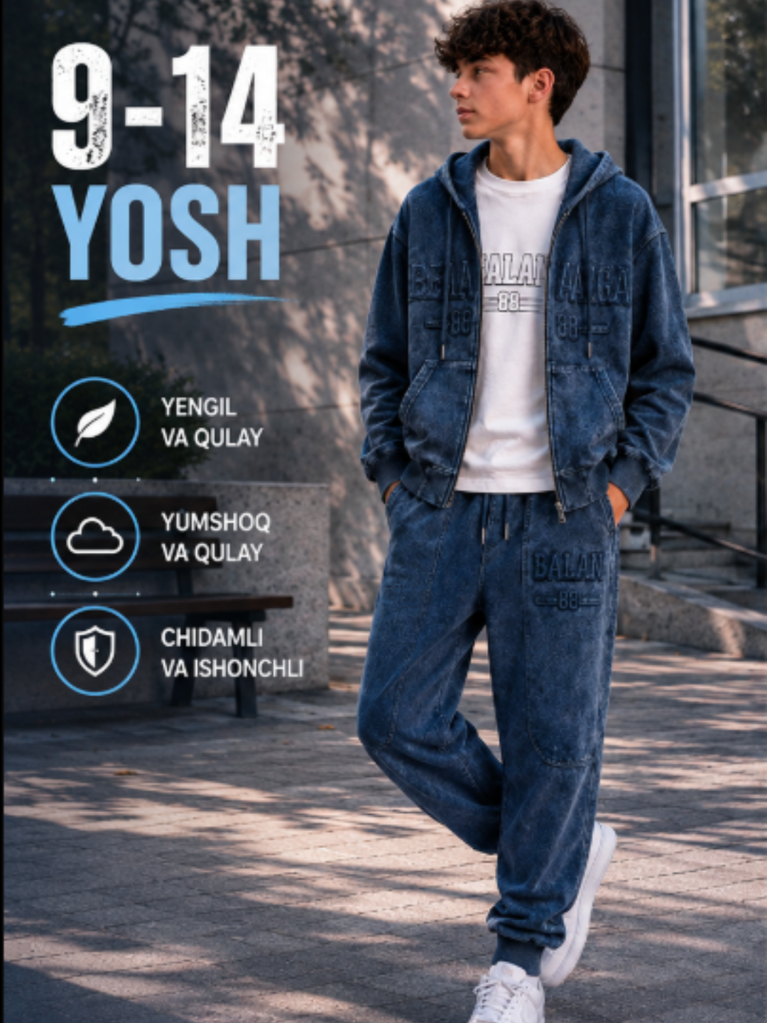O‘g‘il bolalar uchun 3 qismli jinsi komplekt, kofta, futbolka va shim, 9–14 yosh - 