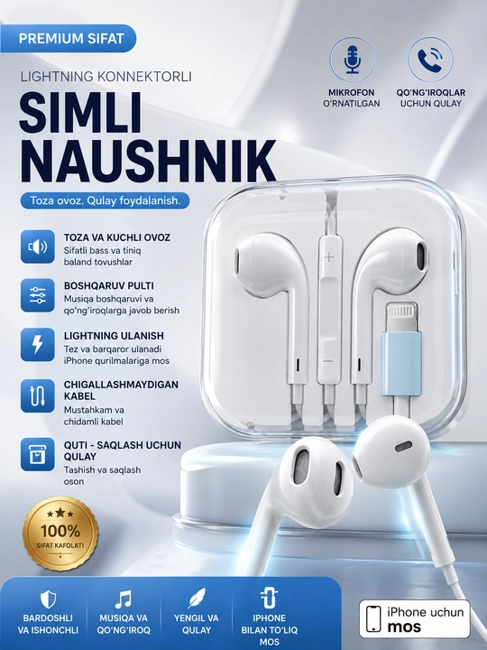 FORRIS - Simli quloqchin, mikrofonli — iPhone / Type-C / AUX, oq - 