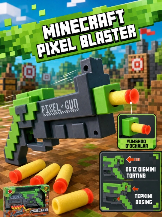 Игрушечный пистолет Pixel Gun с мягкими пулями, в стиле Майнкрафт, 26 см - 