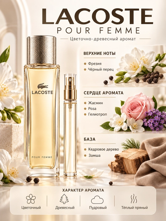 Lacoste Pour Femme ayollar atiri — gulli, yog‘ochsimon-mushkli ayollar parfyumi