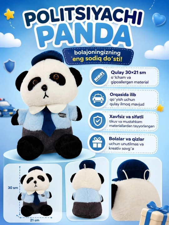 Yumshoq oʻyinchoq "Politsiyachi Panda", bolalar uchun plyush oʻyinchoq, 30×21 sm - 