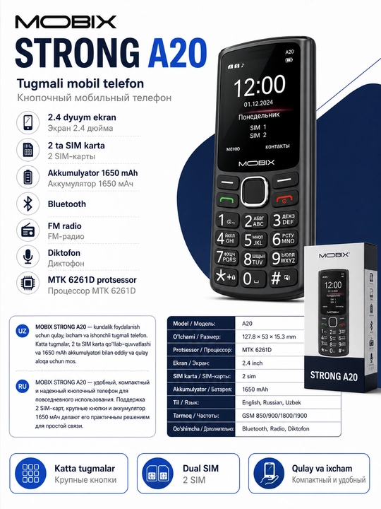 MOBIX STRONG A20 tugmali mobil telefon, 2 SIM, 1650 mAh, 2.4" ekran
