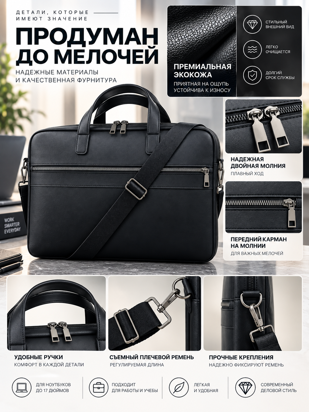 Сумка для ноутбука 15.6" 16" 17" универсальная, экокожа,для работы, учебы и для документов