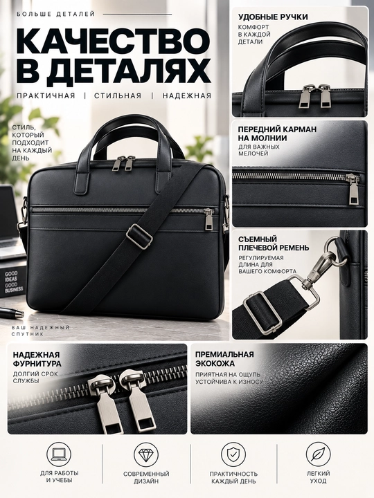 Сумка для ноутбука 15.6" 16" 17" универсальная, экокожа,для работы, учебы и для документов