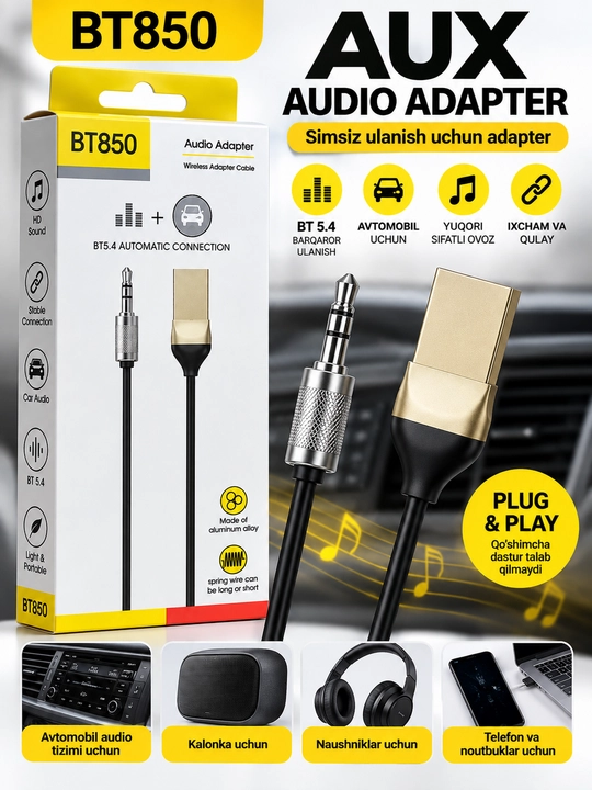 BT850 Bluetooth 5.4 AUX audio adapter, avtomobil uchun simsiz qabul qilgich - 