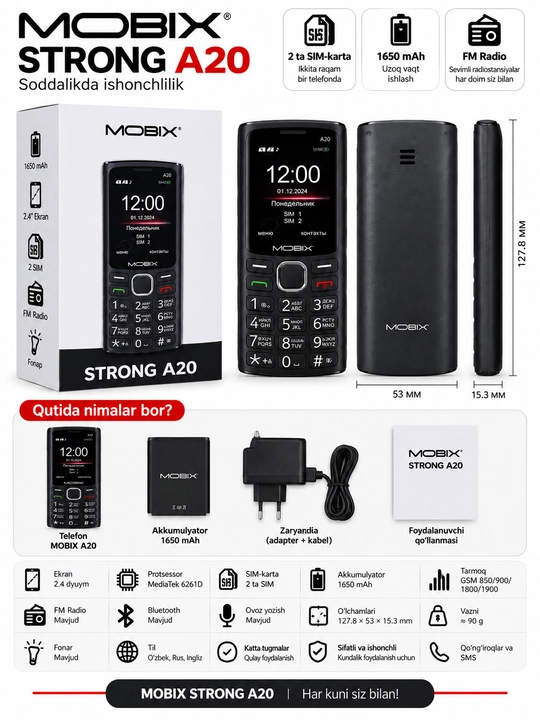 MOBIX STRONG A20 tugmali mobil telefon, 2 SIM, 1650 mAh, 2.4" ekran - 