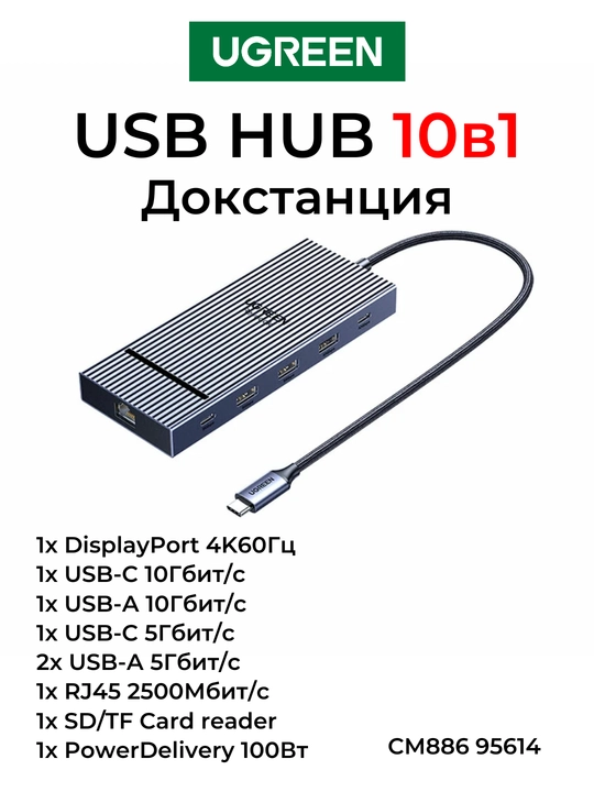 UGREEN USB Хаб 10в1 DisplayPort 4K60Гц RJ45 SD/TF PD100Вт USB-C 10Гбит/с CM886 95614 - 