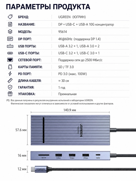 UGREEN USB Хаб 10в1 DisplayPort 4K60Гц RJ45 SD/TF PD100Вт USB-C 10Гбит/с CM886 95614