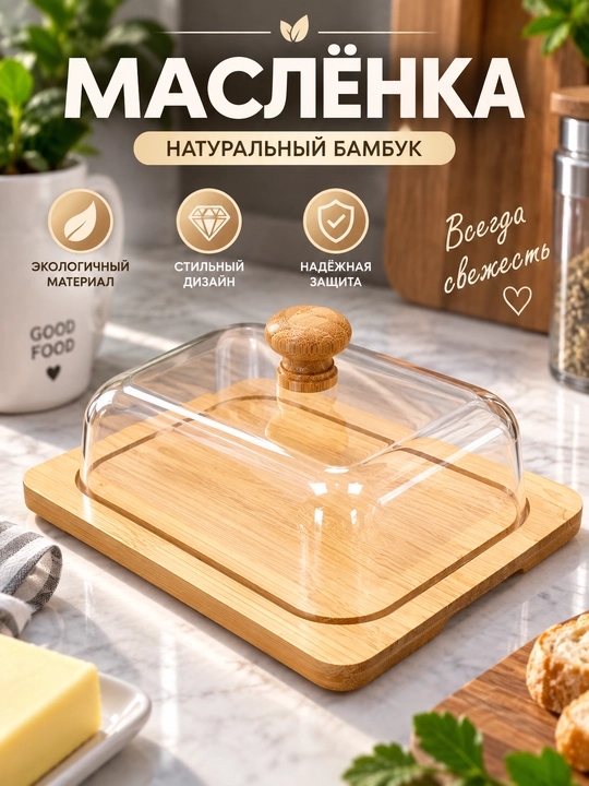 Маслёнка из бамбука с прозрачной крышкой, контейнер для масла и сыра - 