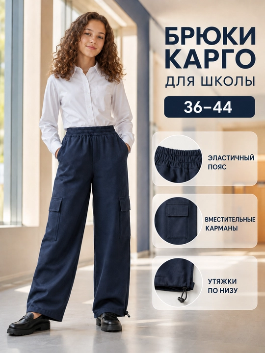 Школьные брюки карго для девочек, с эластичным поясом и карманами - 