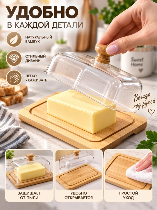 Маслёнка из бамбука с прозрачной крышкой, контейнер для масла и сыра
