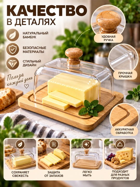 Маслёнка из бамбука с прозрачной крышкой, контейнер для масла и сыра