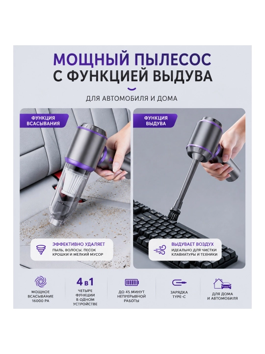 Avtomobil va uy uchun 4 ta 1 da simsiz qo‘l changyutgichi, 16000 Pa, 120 Vt, USB-C