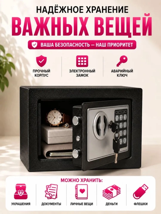Мини сейф для денег с кодовым замком, сейф копилка для дома и офиса, 23х17х17