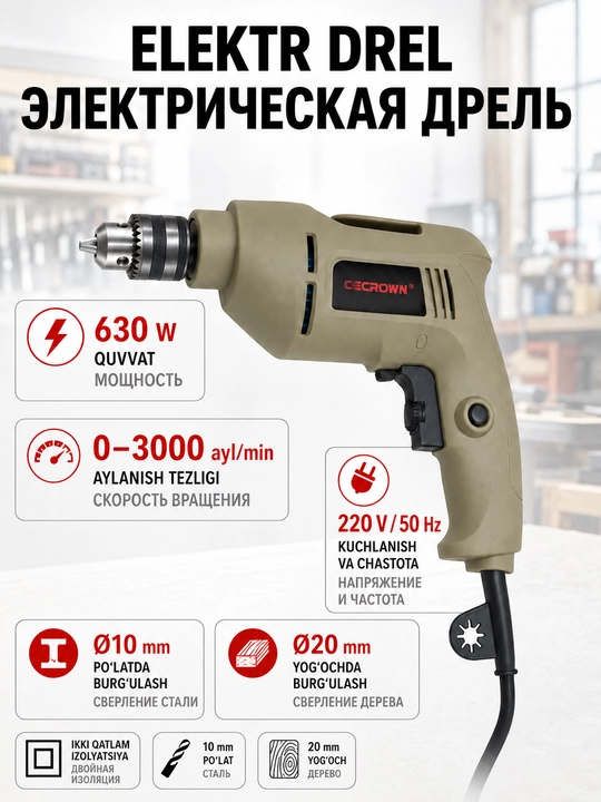 CECROWN elektr drel 650W 10mm 3000rpm - 