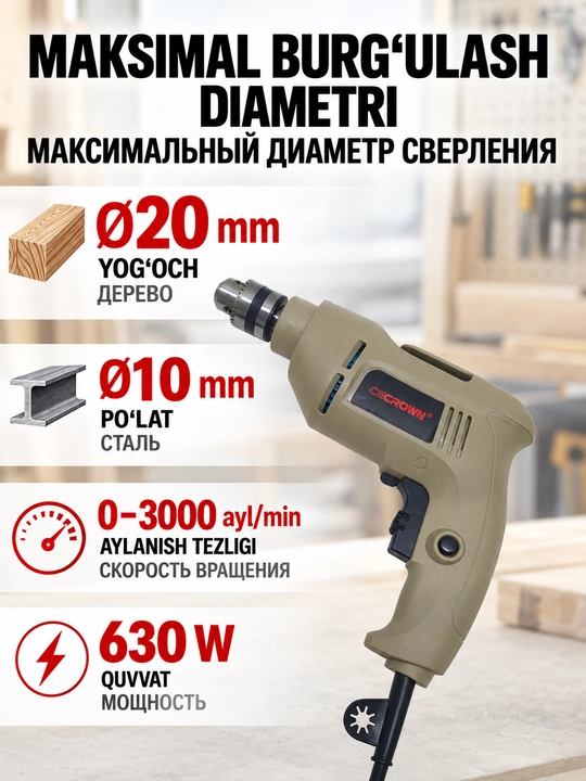 CECROWN Электрическая дрель 650Вт 10 мм 3000 об мин