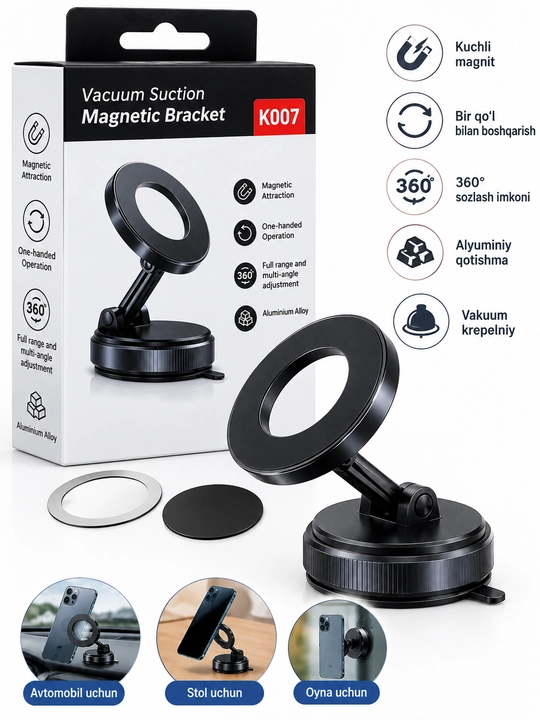K007 magnitli telefon ushlagich, vakuumli mahkamlash, 360° sozlanadigan - 