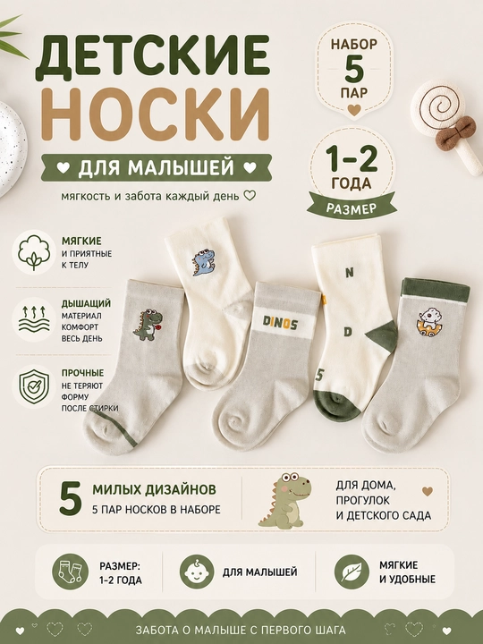 Детские носки, набор 5 пар, для малышей, мягкие и удобные - 