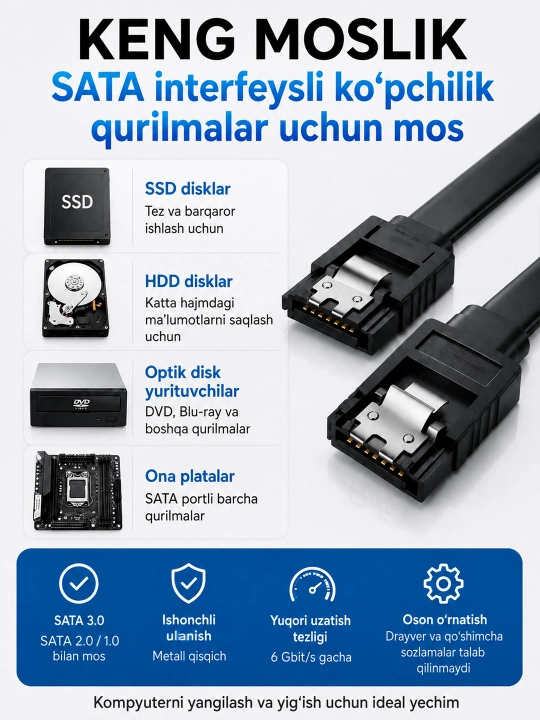 HDD va SSD uchun SATA 3.0 kabeli, 40 sm, 6 Gbit/s gacha, burchakli ulagich