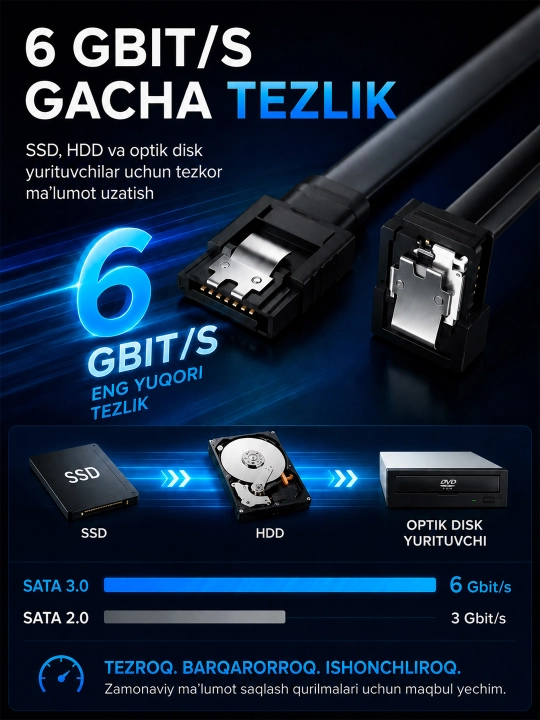 HDD va SSD uchun SATA 3.0 kabeli, 40 sm, 6 Gbit/s gacha, burchakli ulagich