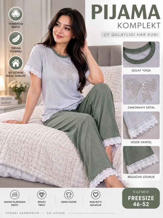 Ayollar uchun 2 in 1 va 3 in 1 yumshoq, qulay va chiroyli pijama komplektlari