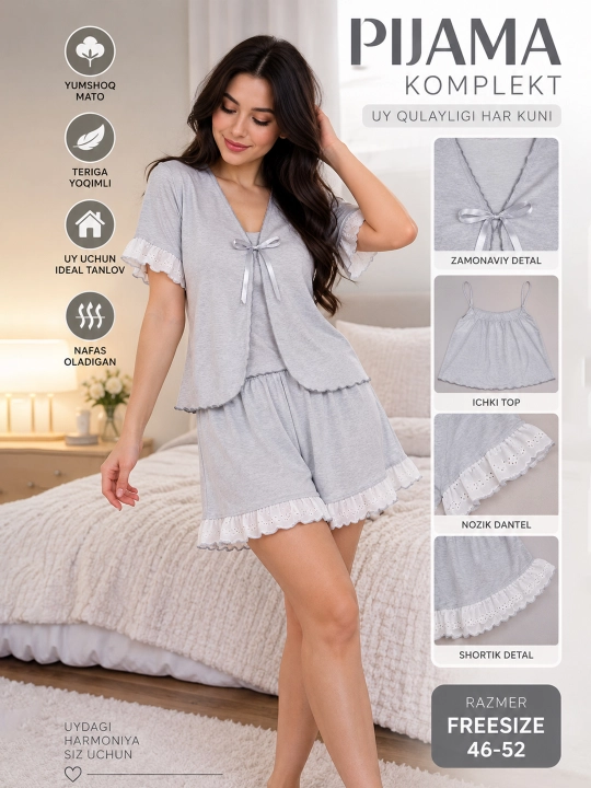 Ayollar uchun 2 in 1 va 3 in 1 yumshoq, qulay va chiroyli pijama komplektlari - 