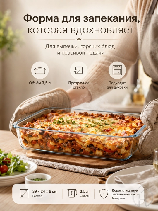 Форма для запекания стеклянная 3,5 л, для выпечки и горячих блюд, 39×24×6 см xp-2-4