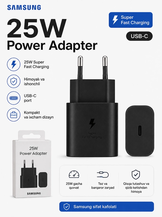 Samsung 25W tez zaryadlovchi adapter, USB-C Power Adapter - 