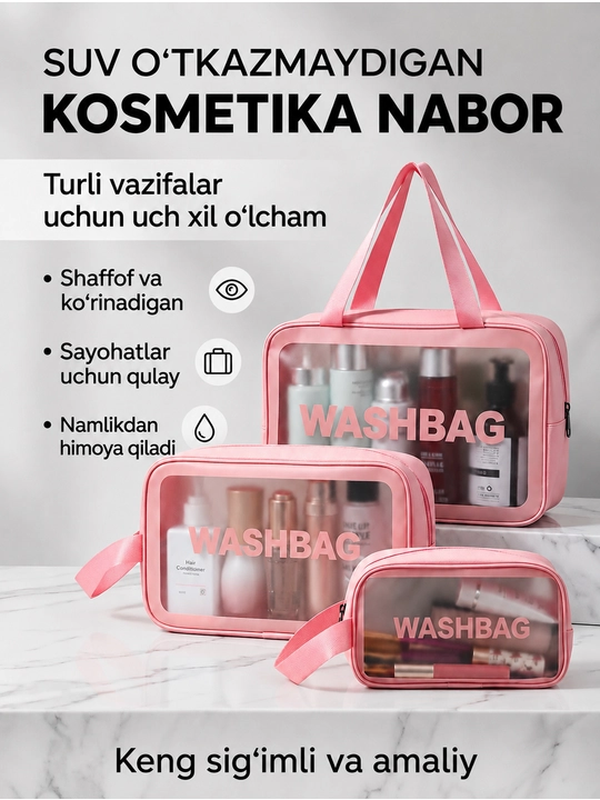 "WASHBAG" (PVX-neylon) suv o‘tkazmaydigan pardoz vositalari 3 xil o‘lchamda va 3 xil rangda - 