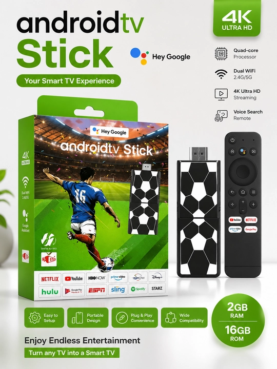 Android TV Stick 4K Smart TV приставка, Wi-Fi и пульт с голосовым управлением - 