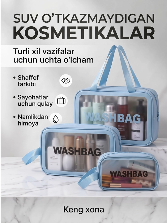 "WASHBAG" (PVX-neylon) suv o‘tkazmaydigan pardoz vositalari 3 xil o‘lchamda va 3 xil rangda - 