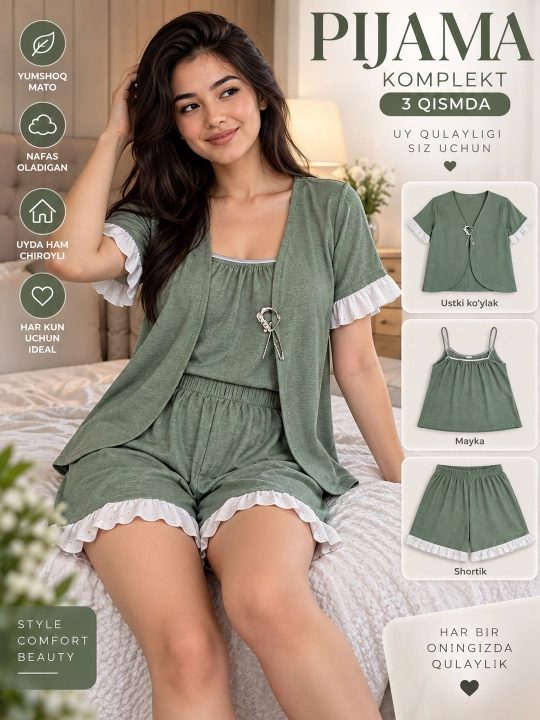 Ayollar uchun 2 in 1 va 3 in 1 yumshoq, qulay va chiroyli pijama komplektlari - 
