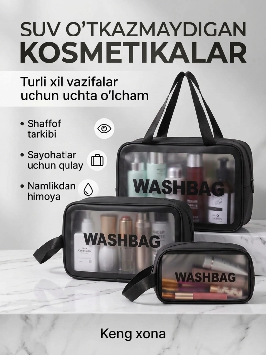"WASHBAG" (PVX-neylon) suv o‘tkazmaydigan pardoz vositalari 3 xil o‘lchamda va 3 xil rangda - 