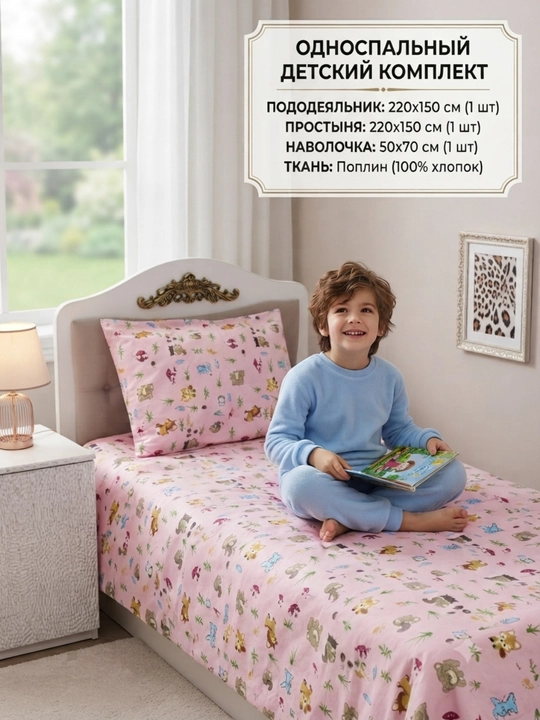 Bolalar uchun Choyshab to'plami POPLIN 1.5 kishilik komplekt, paxta, gippoallergenniy - 