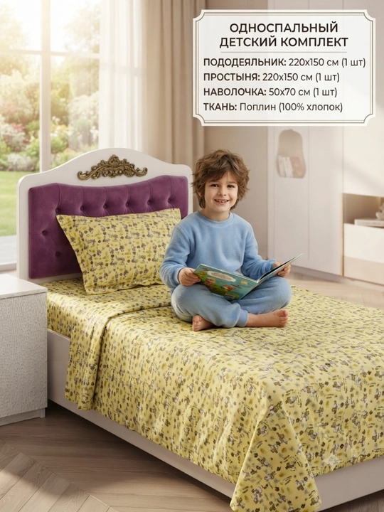 Bolalar uchun Choyshab to'plami POPLIN 1.5 kishilik komplekt, paxta, gippoallergenniy - 