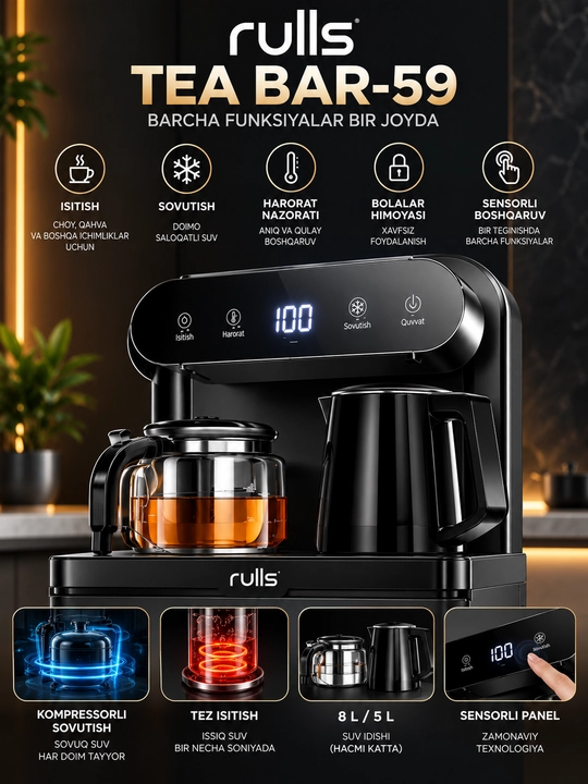 Rulls TEA BAR-59 suv kuleri, choy stansiyasi, kompressorli sovutish va sensorli boshqaruv