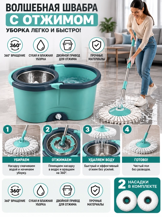 Швабра для пола, набор для уборки, 360 градусов вращения