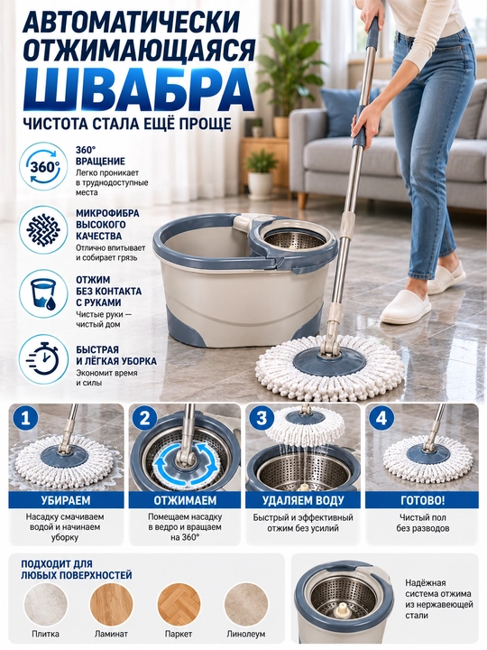 Швабра для пола, набор для уборки, 360 градусов вращения