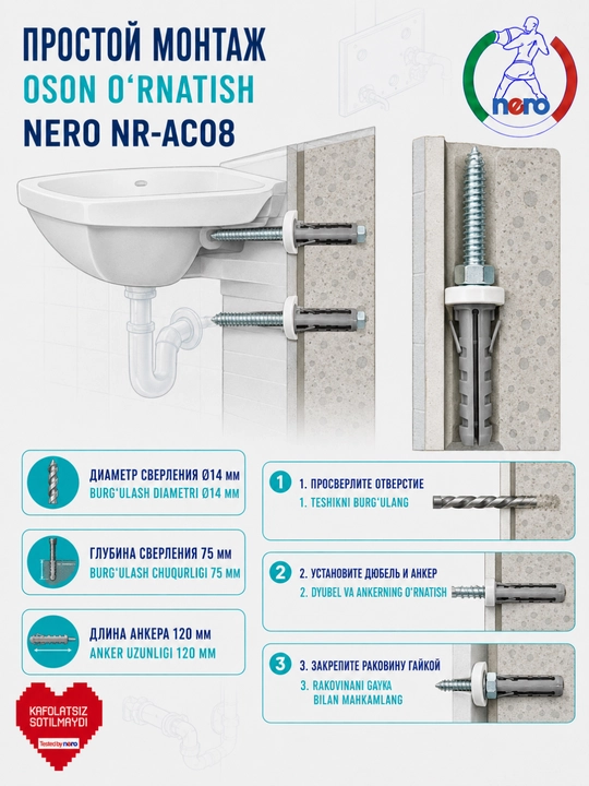 Крепление для раковины Nero NR-AC08, комплект анкеров 120 мм Ø14 мм для умывальника