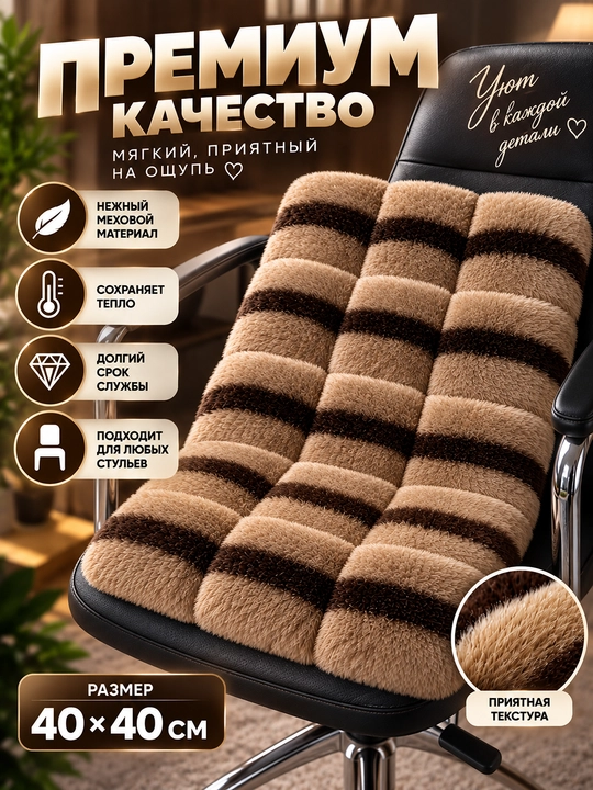 Меховая подушка на сиденье 40×40 см, для автомобиля и стула - 
