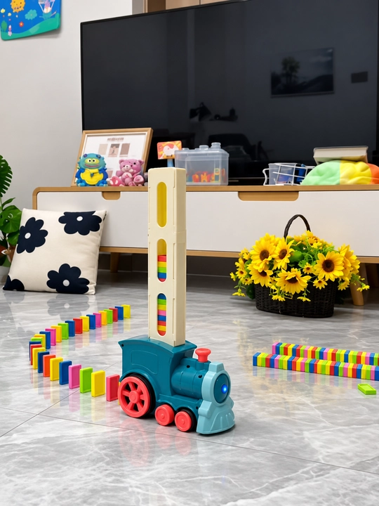 Bolalar uchun o'yinchoq poyezd, rangli domino bloklari bilan bolalar uchun qiziqarli o'yin