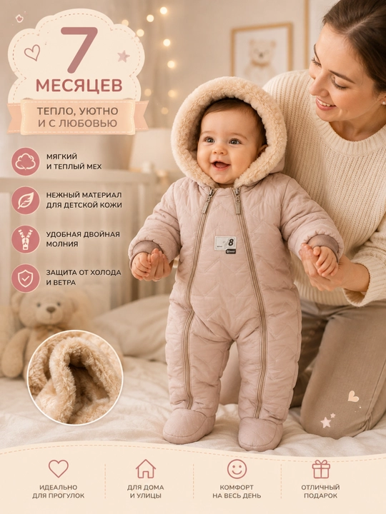 Комбинезон детский теплый для новорожденных с мехом и молнией, осень зима 5-12 месяцев