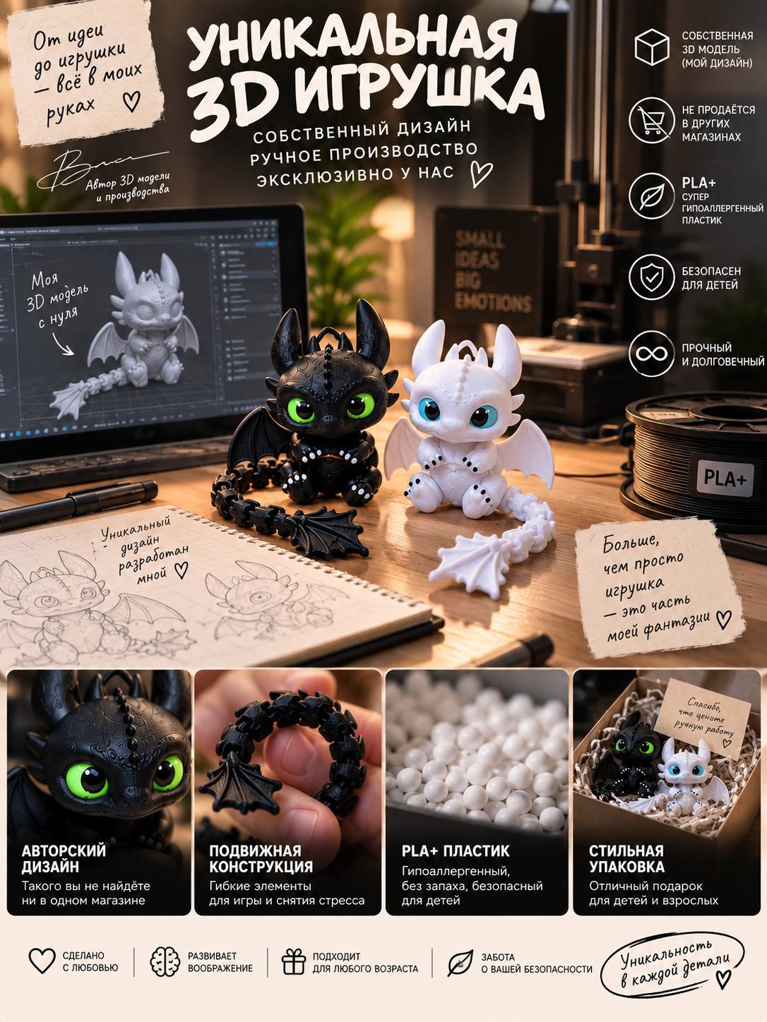 Гибкий дракончик, который всегда с тобой — 3D игрушка-брелок