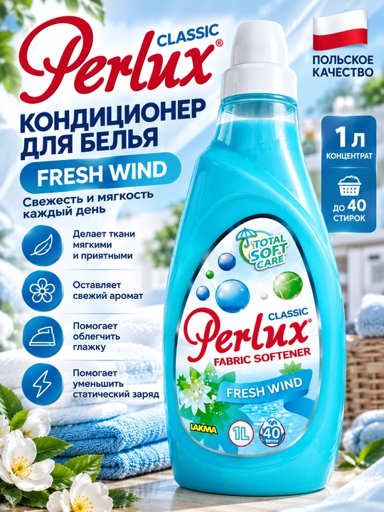 Perlux Classic Fresh Wind kir uchun konditsioner, mato yumshatgich va chayish vositasi, 1 litr - 