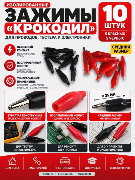  Krokodil qisqichlar izolyatsiyali, tester va simlar uchun, 3 razmer, 10/20 dona