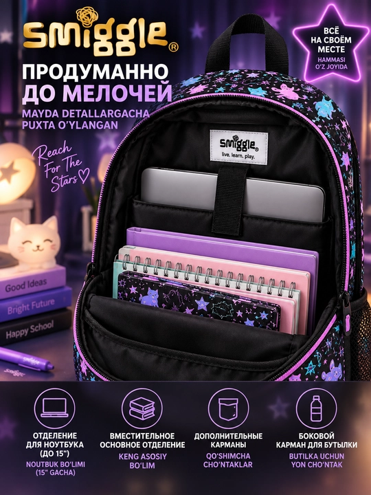 Qizlar uchun maktab ryukzagi Smiggle, keng sig‘imli, bo‘limli, 40×30×15 sm