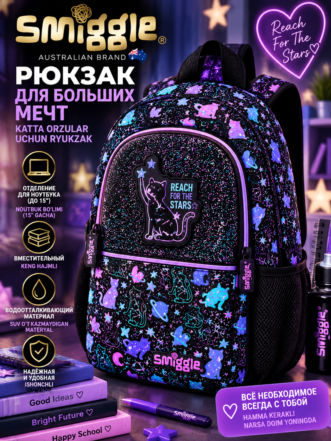 Qizlar uchun maktab ryukzagi Smiggle, keng sig‘imli, bo‘limli, 40×30×15 sm
